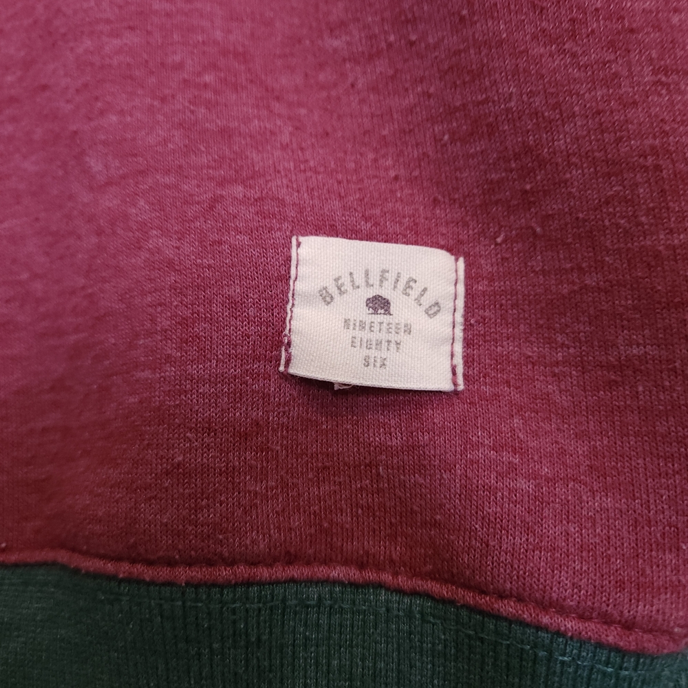 Bellfield Teal and Berry Colorblock Crewneck Sweater with Brown Shoulder Patches - Picture 3 of 4